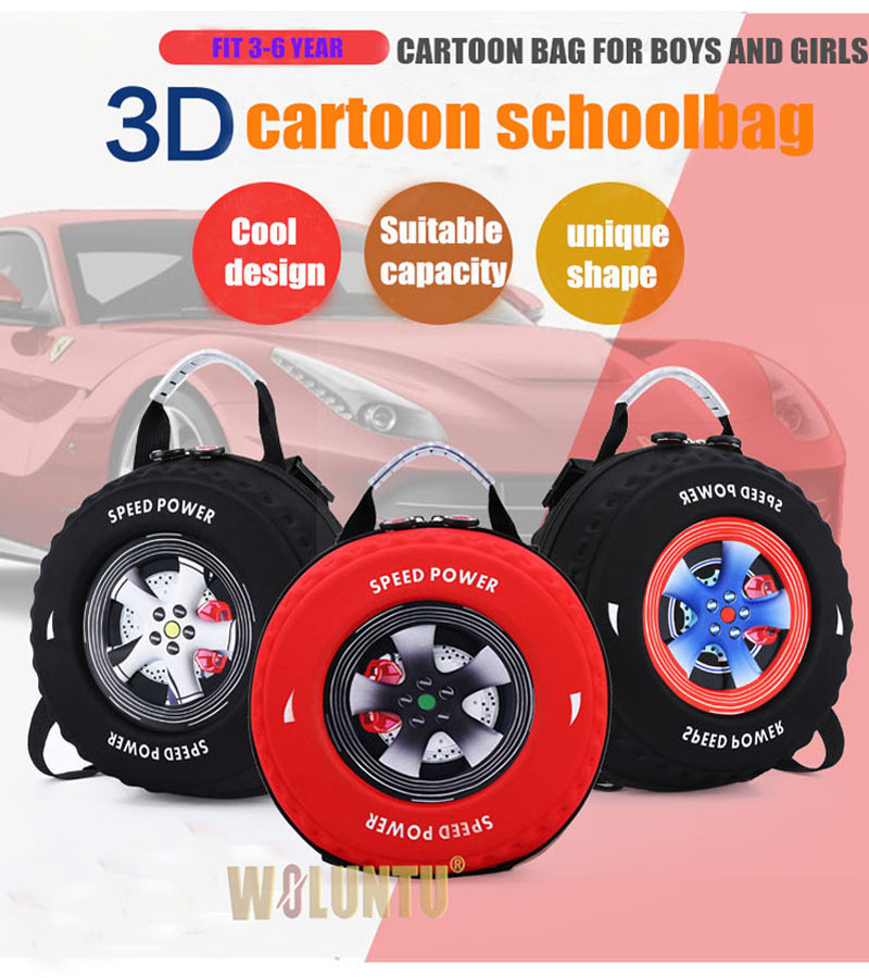 2019-New-3D-Cartoon-Car-Tire-Shape-Backpack-Children-Zipper-Bag-Schoolbag-for-ABS-Material-Red